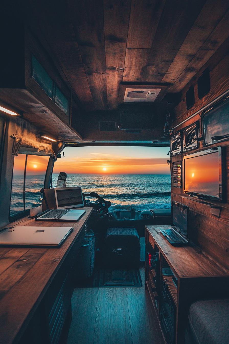 Oceanview van setup. Panoramic desk facing fading sunset, encased in salt-resistant technology storage.