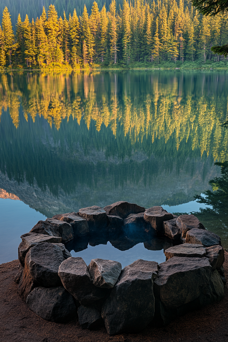 Alpine Lake Campsite. Obsidian stone-ringed fire pit against backdrop of conifer forest reflection.