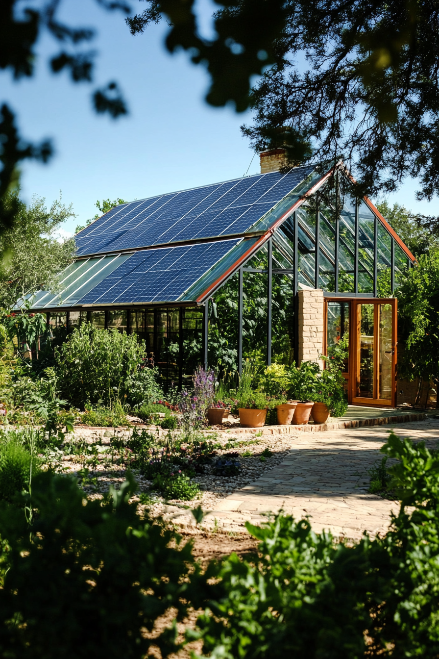 Sustainable Living Space. Greenhouse-like glass house with rooftop solar panel installation.