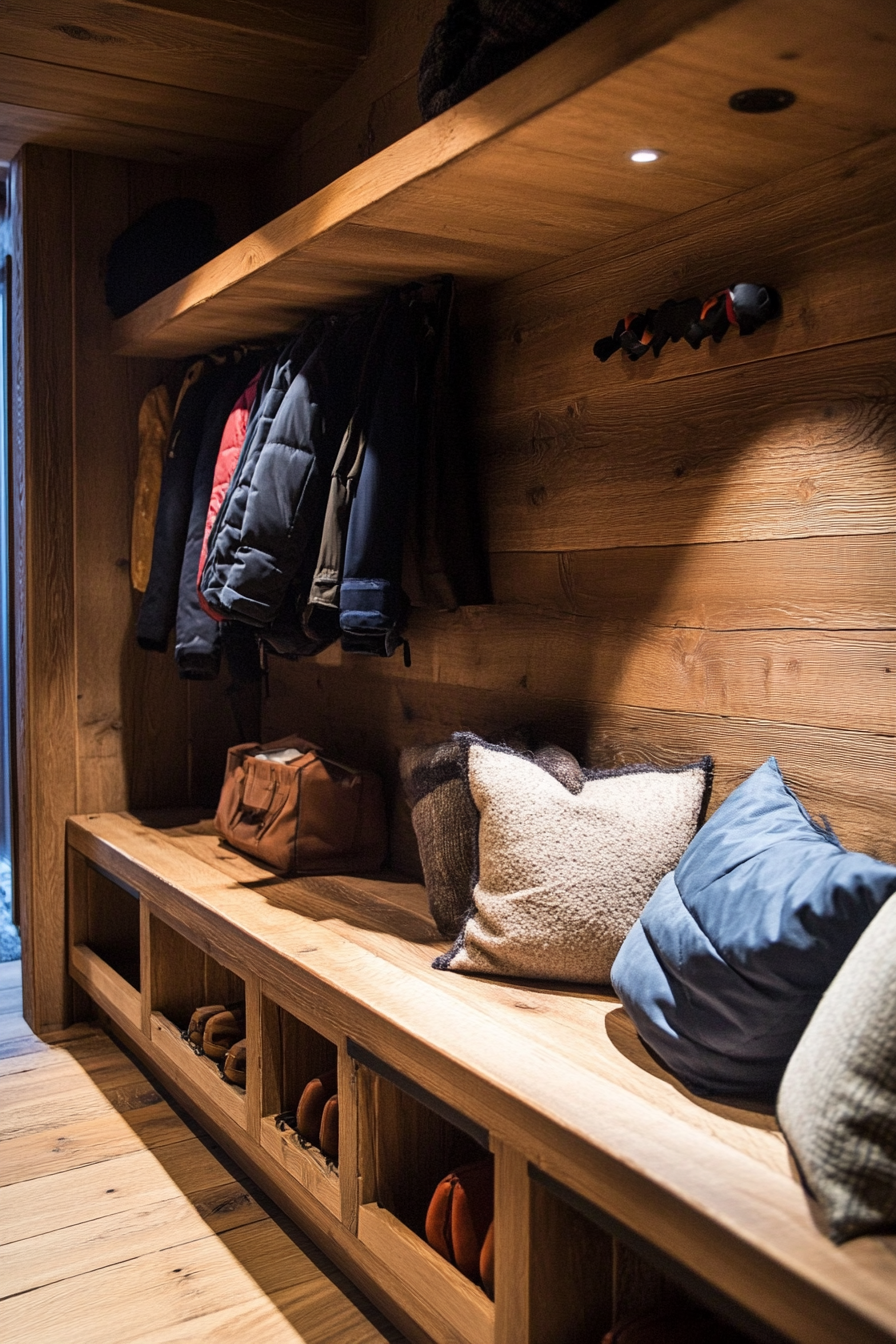 Alpine lodge space. Oak bench with mountaineering gear storage compartment.