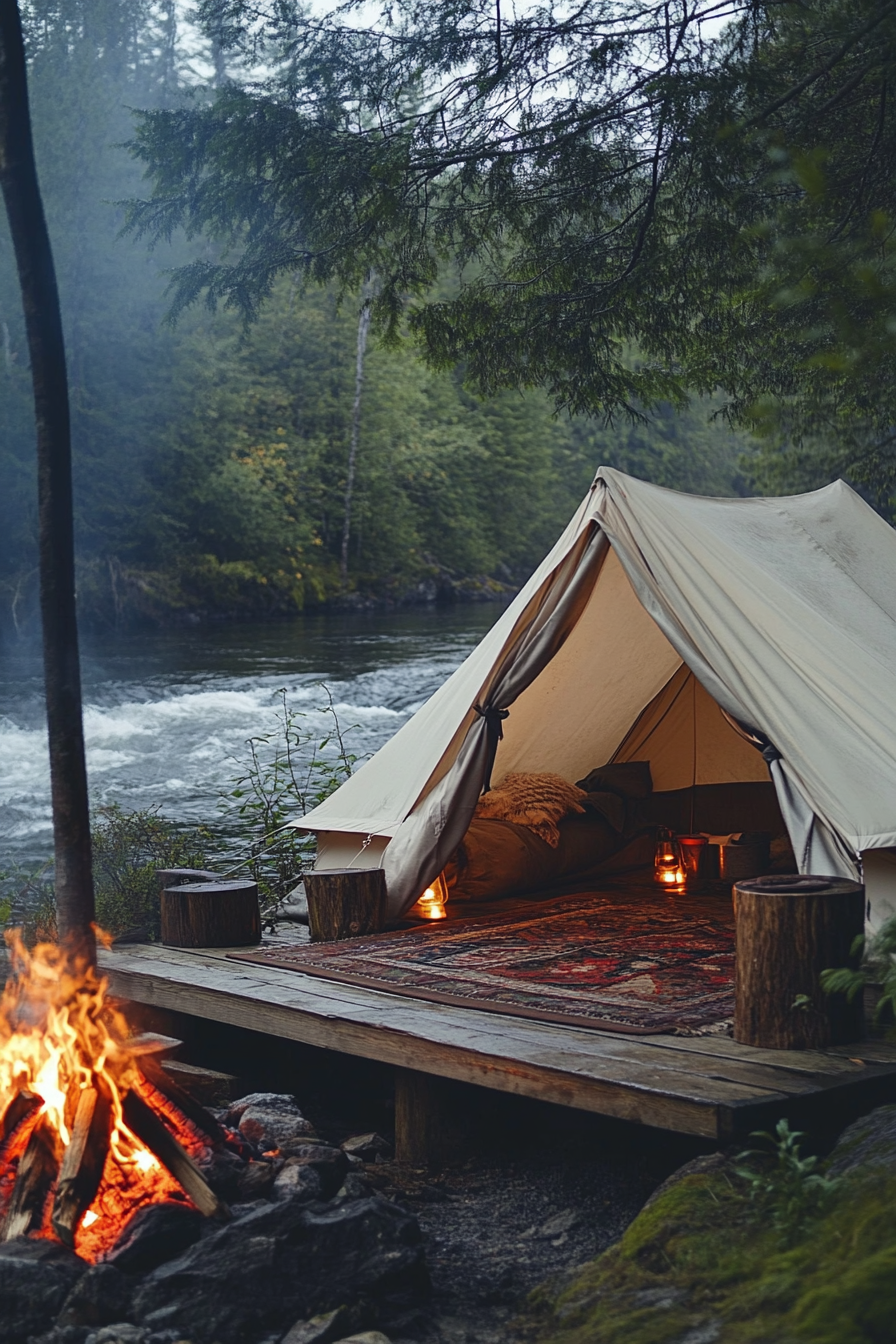 Riverside space. Water-view tent platform, wool blankets, crackling bonfire, sound of fast moving rapids.