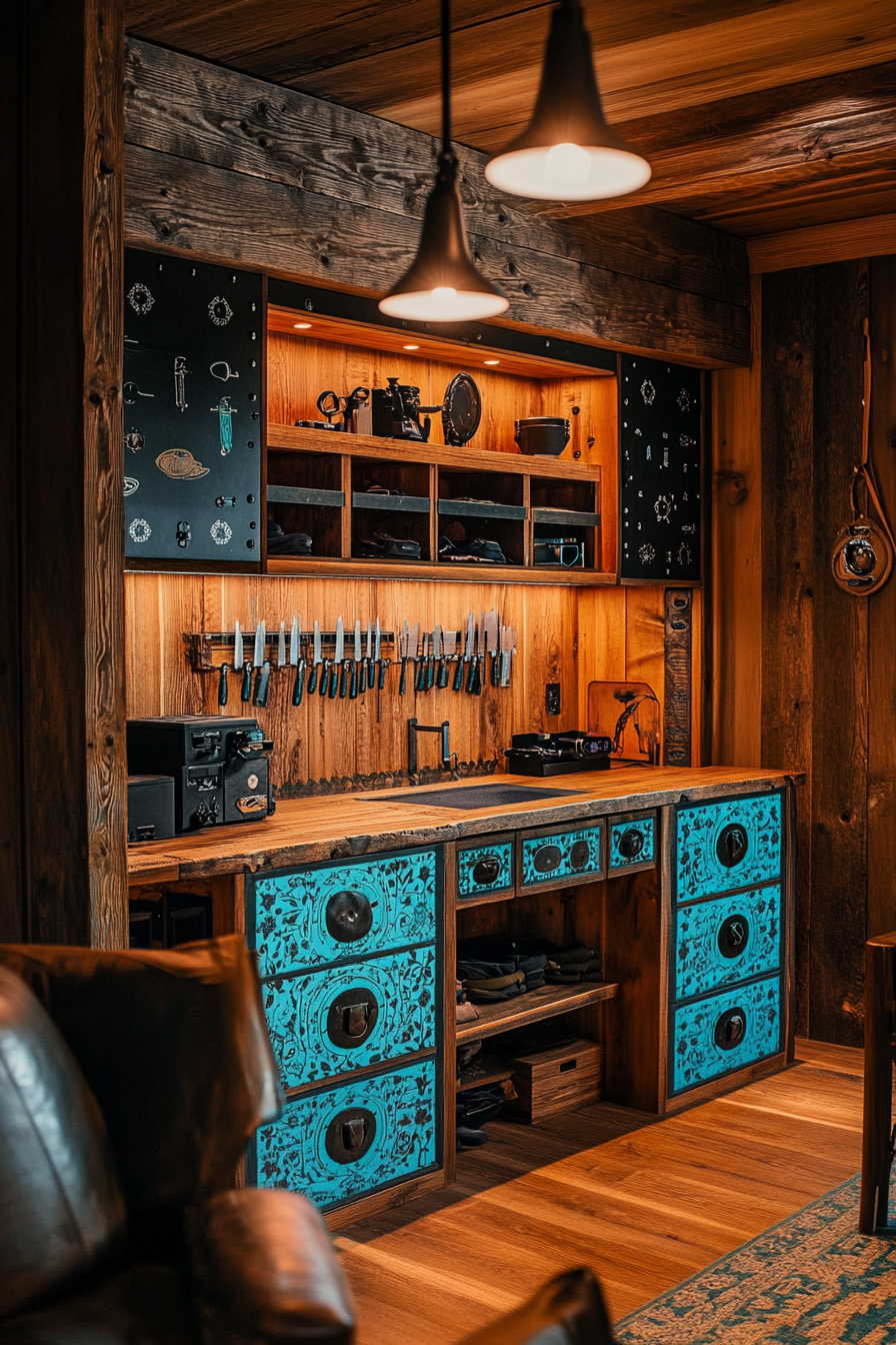 Alpine Lodge Space. Wooden gear storage with inlaid turquoise patterning and repair station.