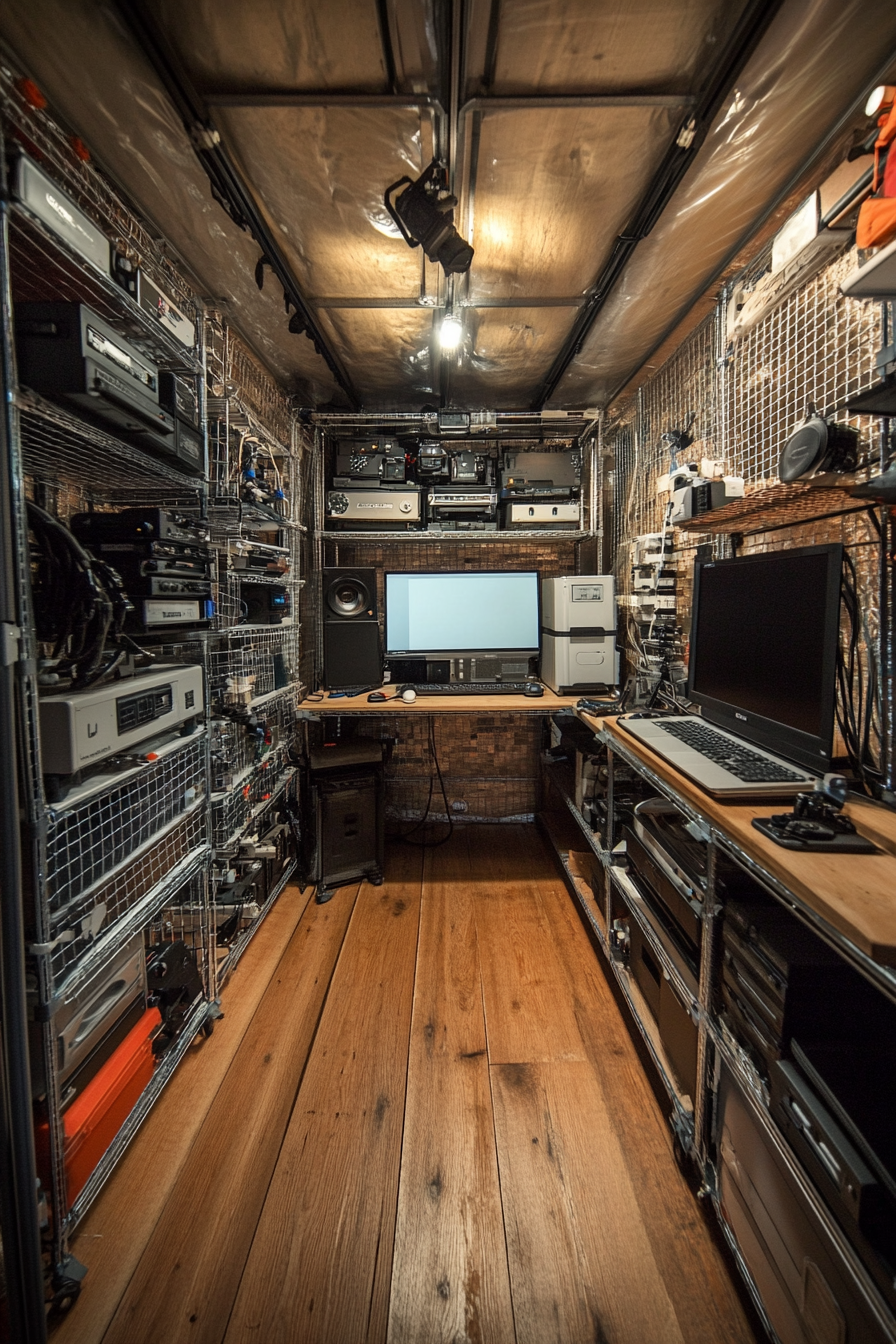 Creative mobile space. Cage shelving units installed for camera equipment storage.