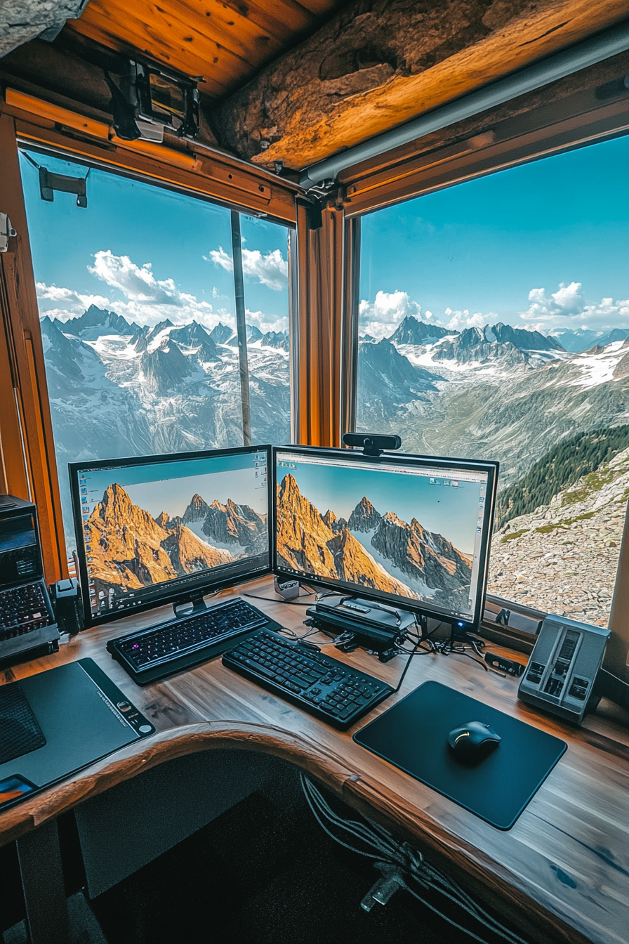 Mobile office setup. Dual-monitors, under alpine sunshine with foldable solar panels, glass-walled workspace overlooking a summit.