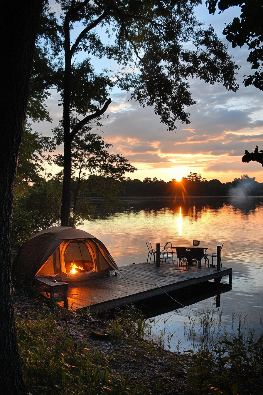 Tent site. Wraparound water view with sunset-lit private dock and fire pit.