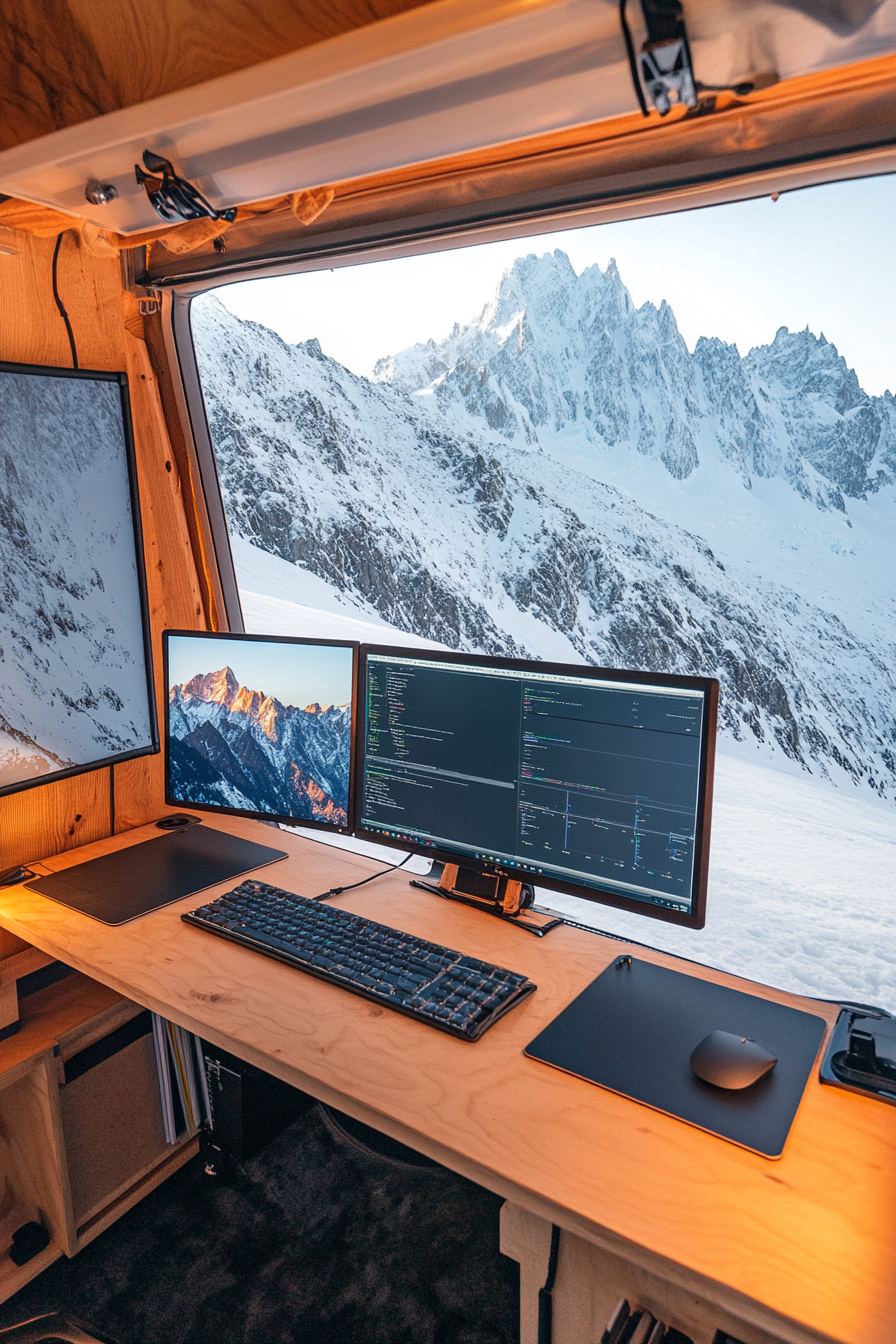 Alpine mobile office. Dual LED monitors, solar energy panels, workspace overlooking snowy peak.