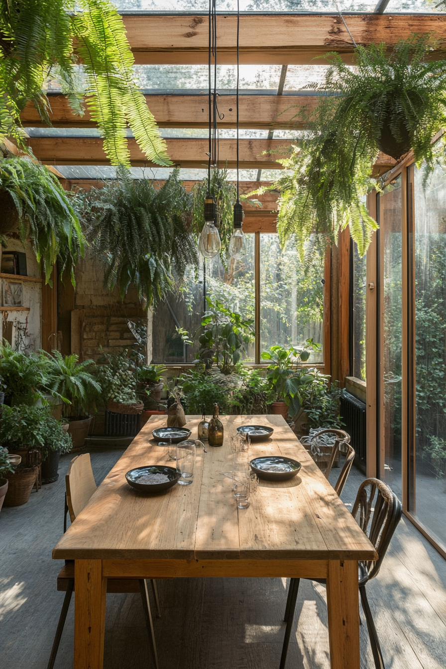 Sustainable Living Space. Solar setup, wooden dining table, hanging ferns.