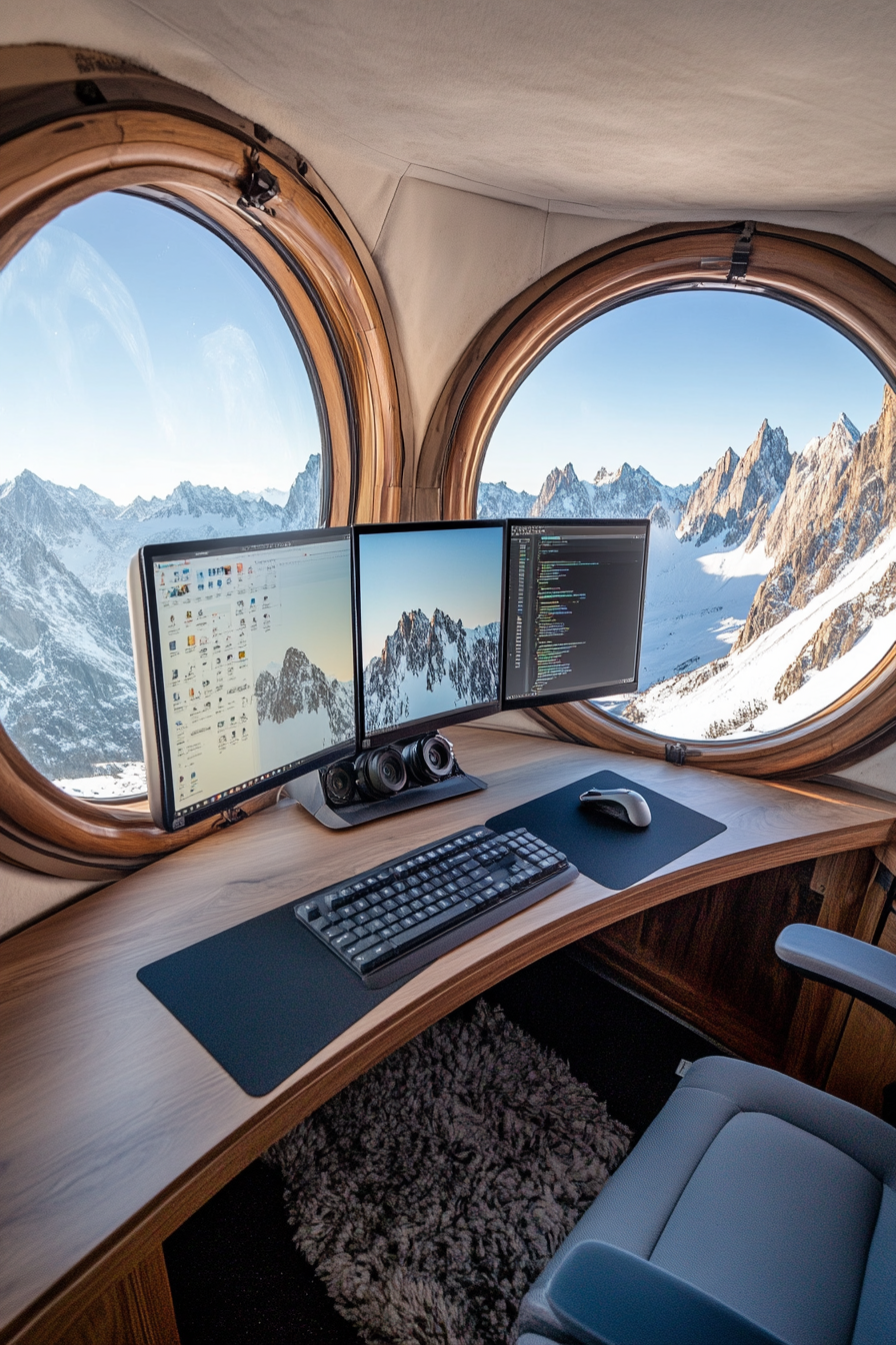 Alpine mobile office. Dual monitors surrounded by porthole-style windows overlooking snowy peaks.