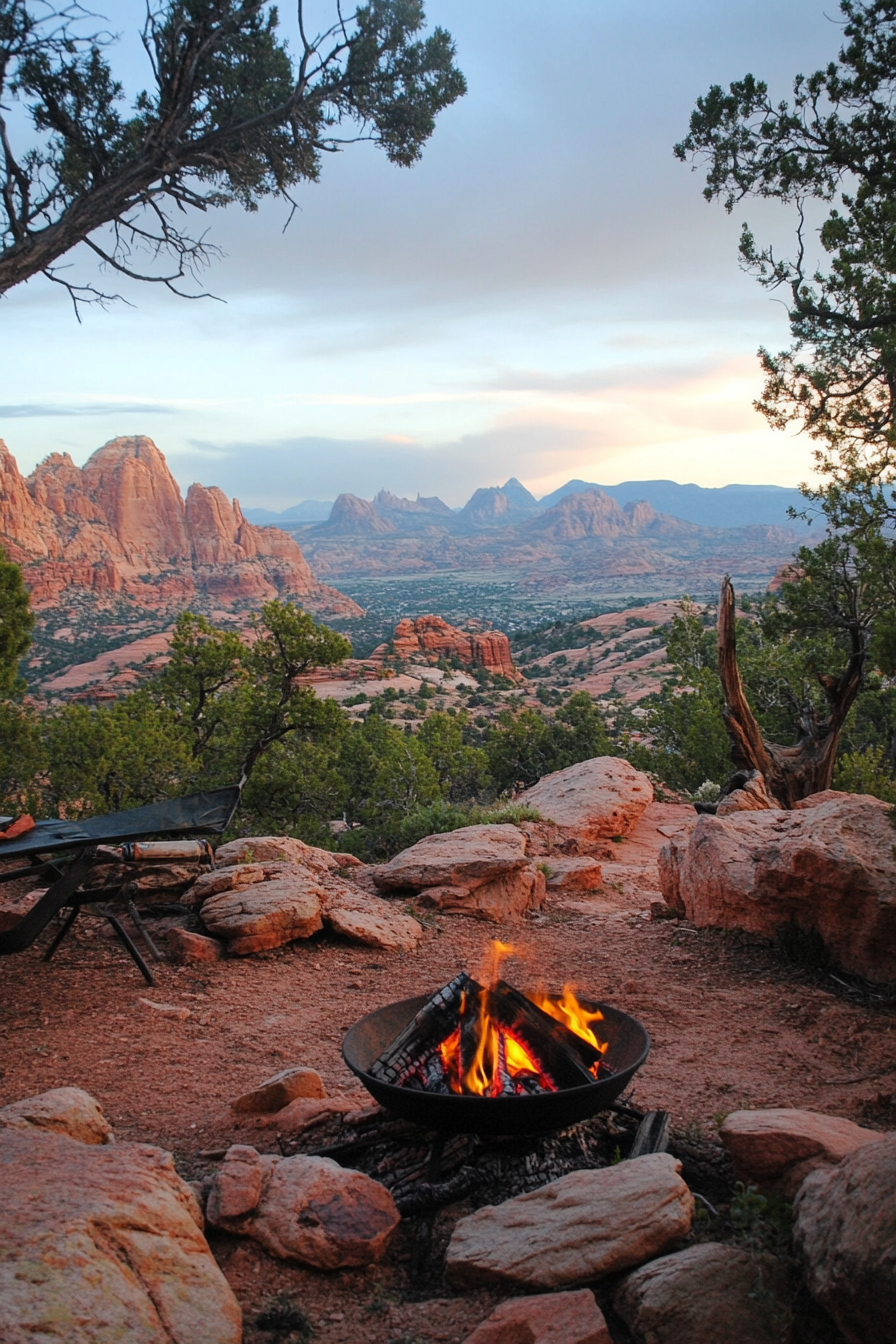 Red rock campsite. Elevated fire zone with igneous boulders, visible cave shelter, and panoramic valley views.