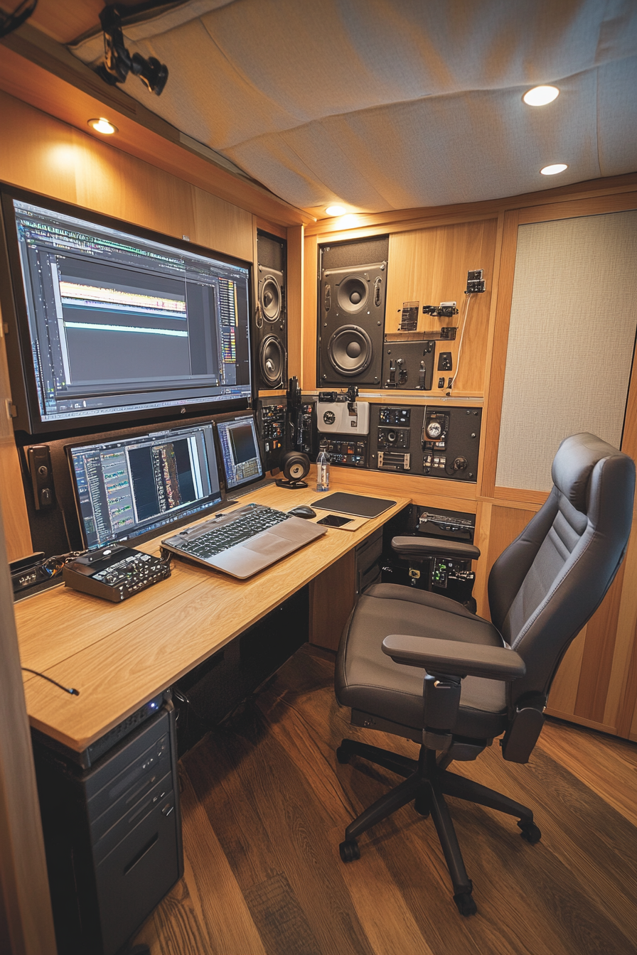 Mobile editing studio. Hardwood desk, swivel chair, wall panels for gear storage, and retractable tarp cover.