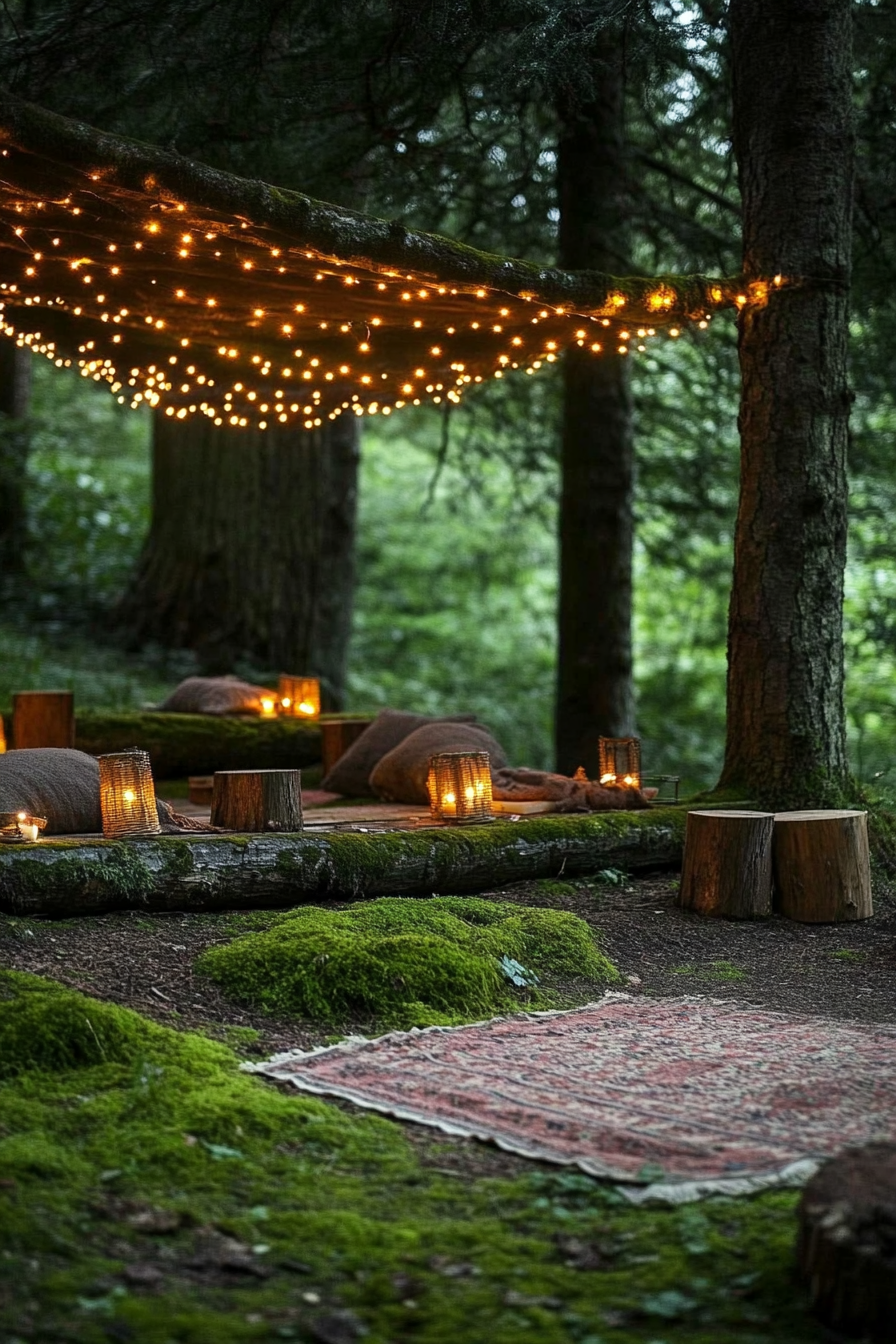 Woodland camping space. Fairy-light canopy over mossy log seating area.