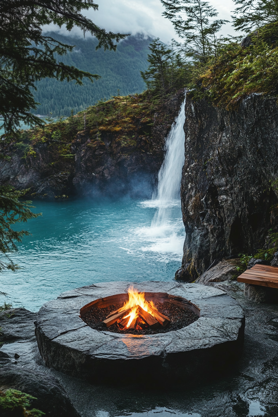 Nordic Coast Space. Protected Inlet view with Viking-style fire pit near pure turquoise waterfall.