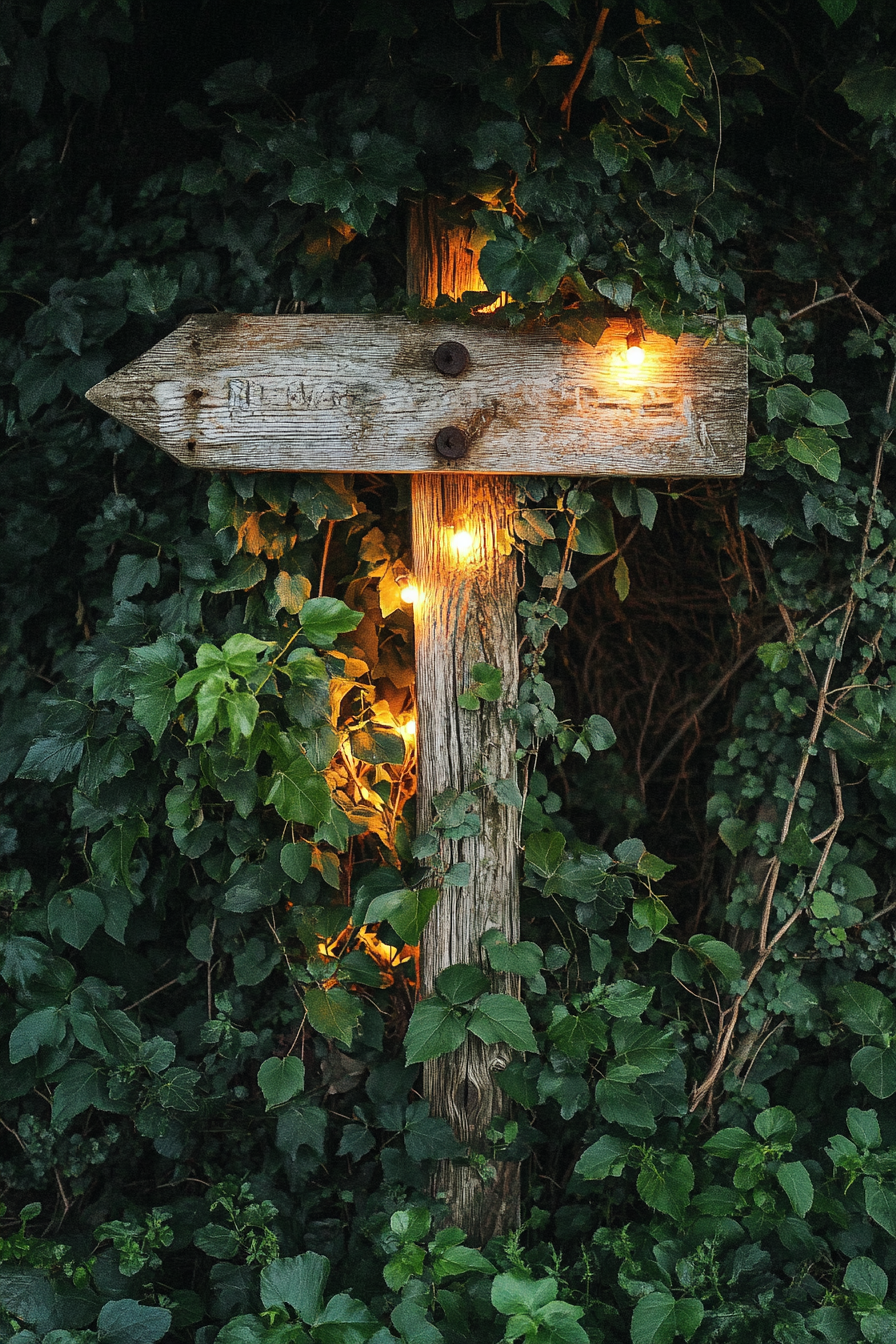 Woodland camping space. Weathered wooden signpost amidst lit ivy vines.