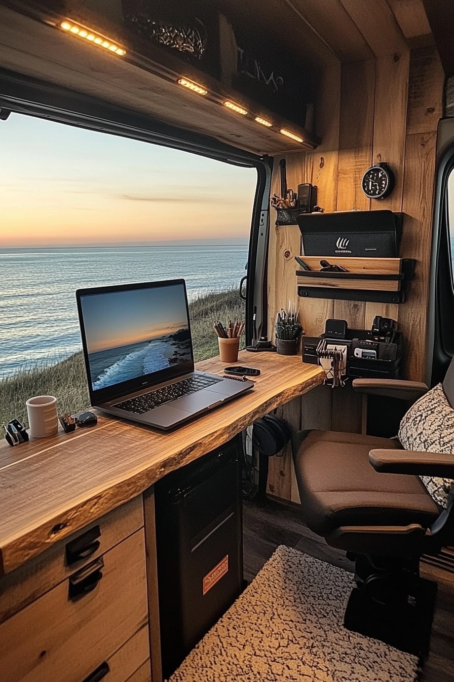 Oceanview van setup. Desk overlooking ocean with driftwood accents and salt-resistant tech compartments.