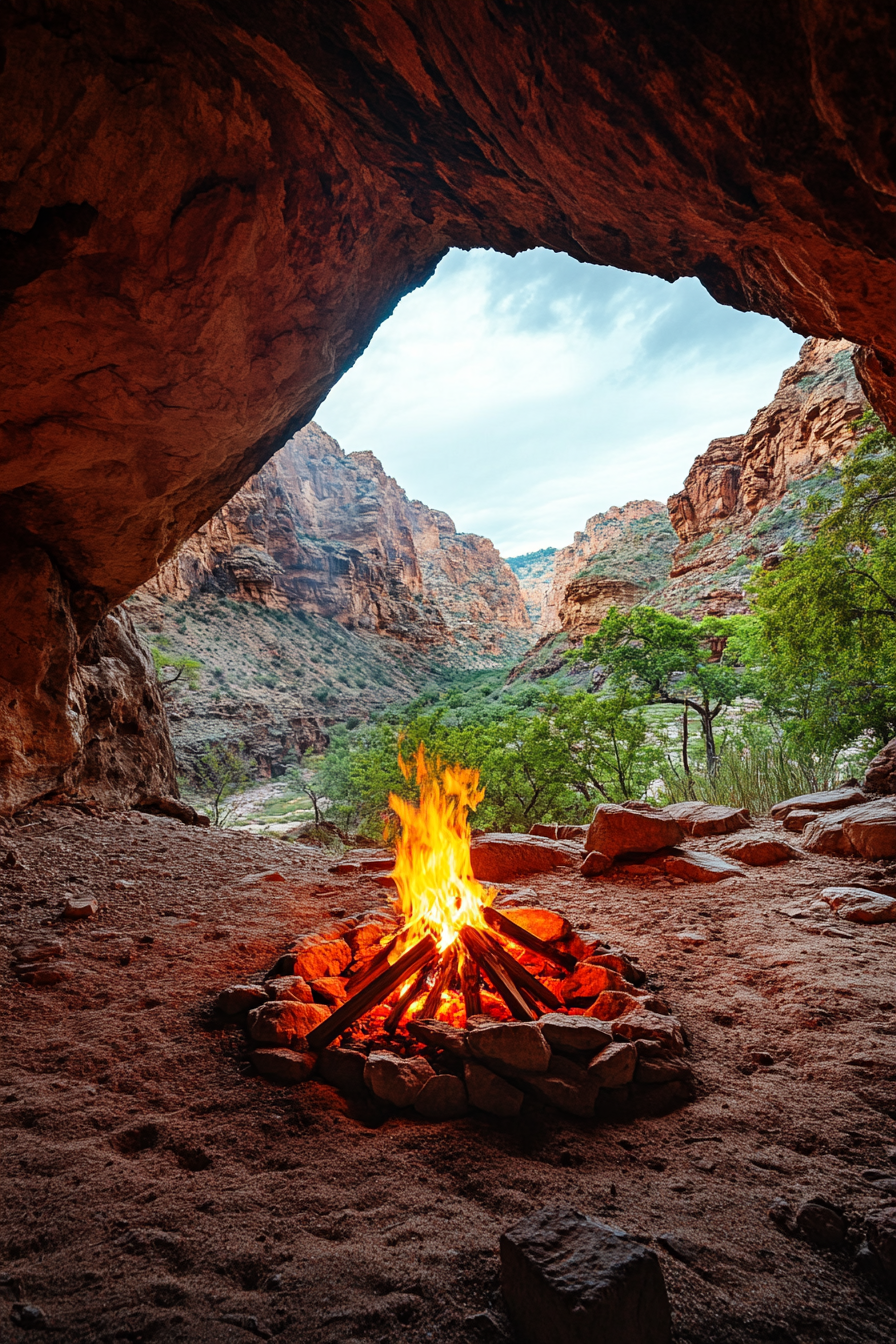 Red Rock Campsite. Portable fire pit, primitive cave shelter, lush valley overview.