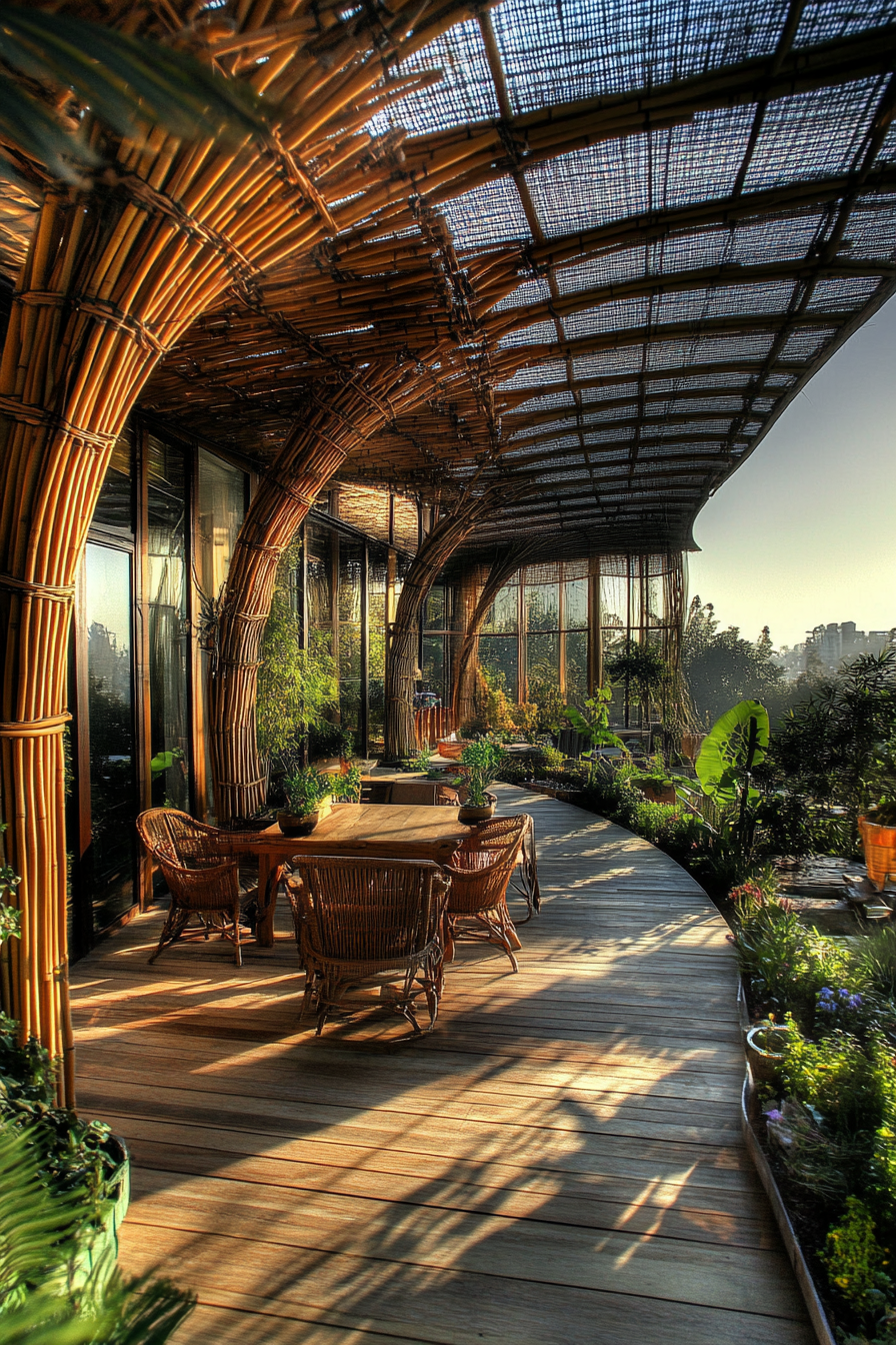 Sustainable living space. Bamboo furniture, solar panels, rooftop garden.