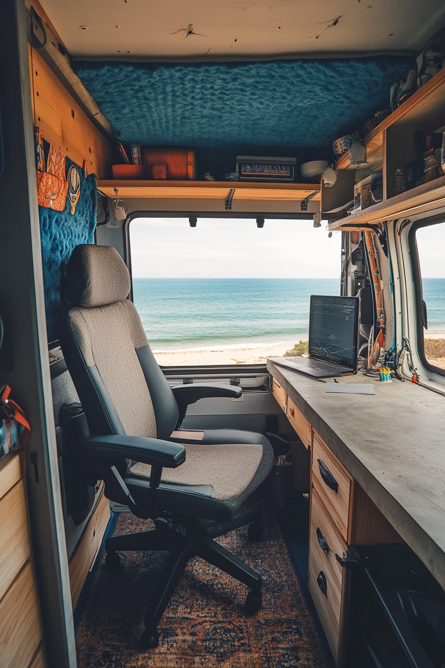 Oceanview Van Setup. Nautical themed-concrete desk, ergonomic chair, navy-blue roof insulation.