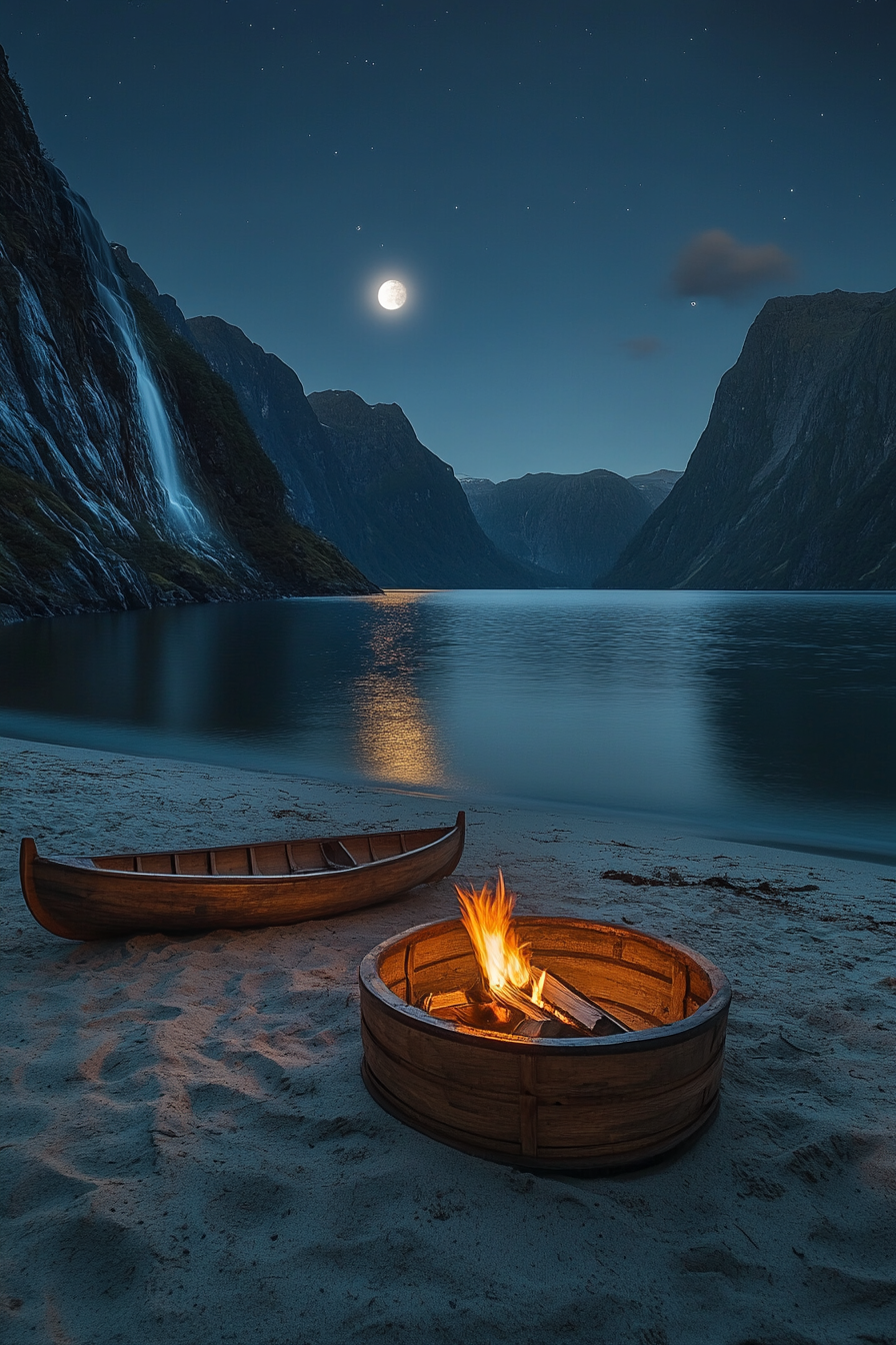 Nordic Coast. Skiff on sandy inlet, carved wooden fire pit, unseen waterfall, moonlit fjord.