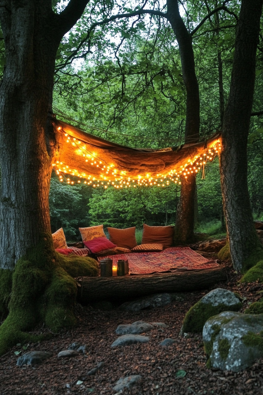 Woodland camping space. Fairy-light canopy over mossy log seating area.