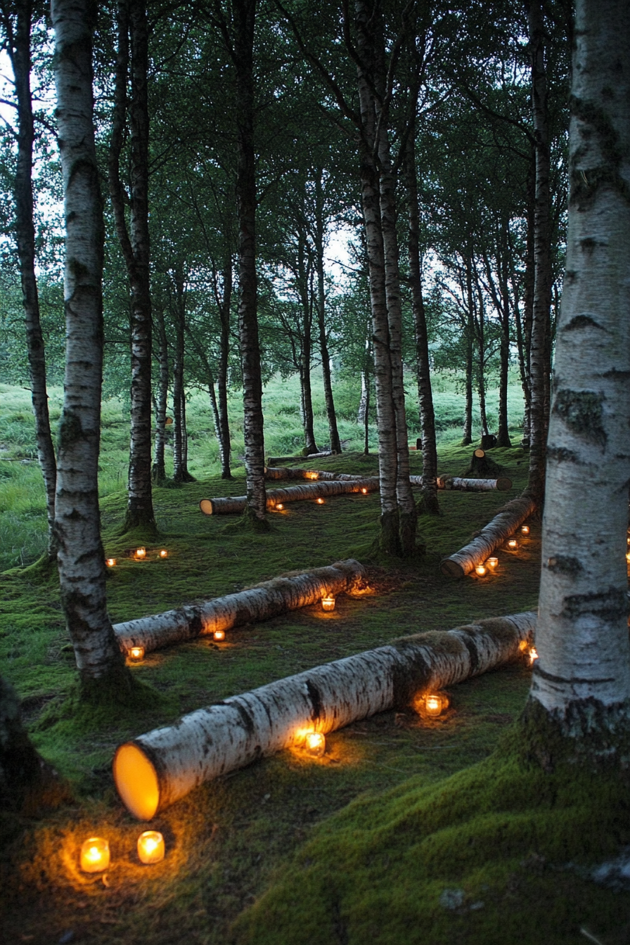 Woodland camping space. Fairy-lit birch trees, logs covered in emerald moss.