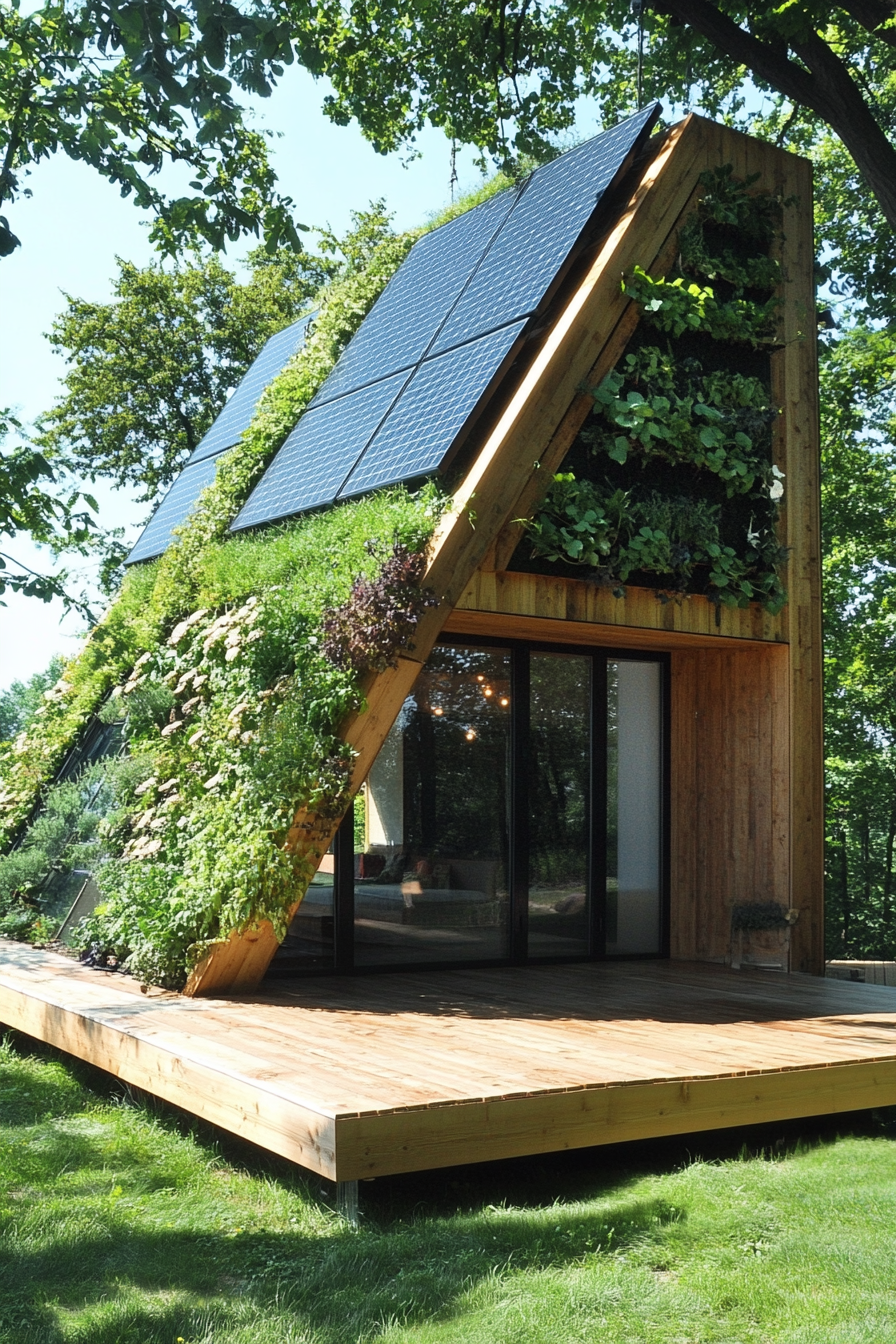 Sustainable living space. Solar panel topped green roof with vertical herb wall.