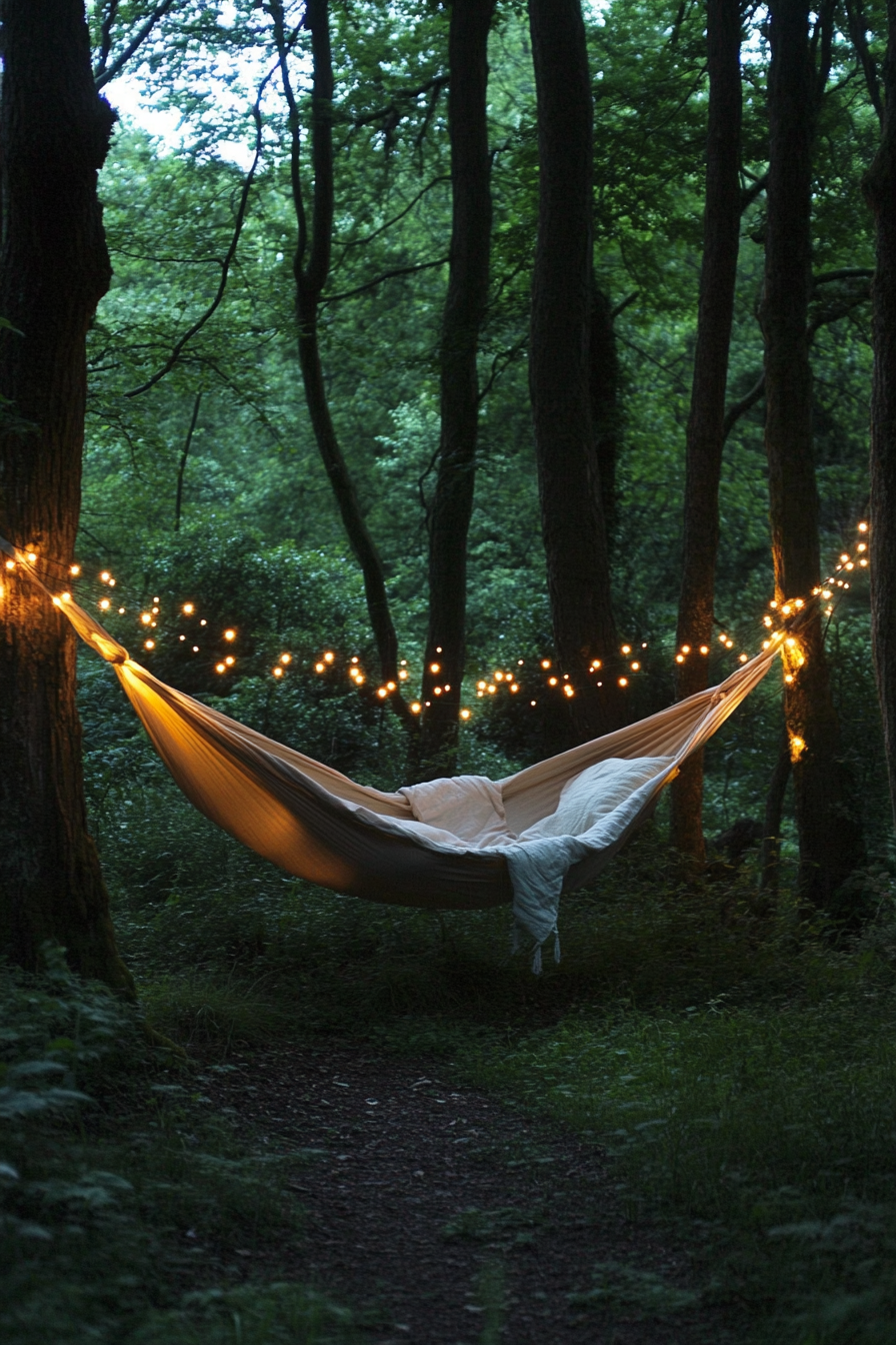 Woodland camping space. Cotton hammock under glowy fairy-light canopy.