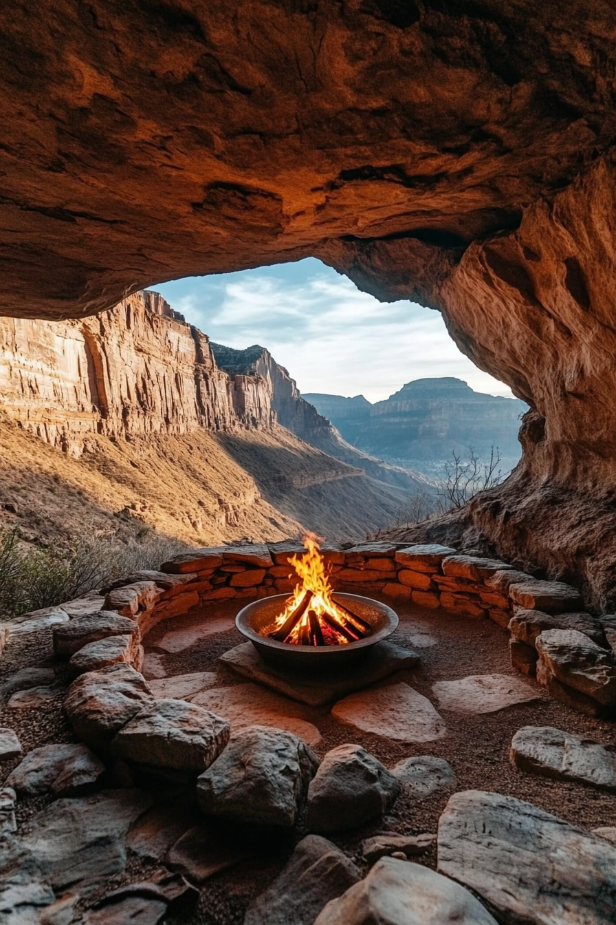 Red Rock campsite. Fire zone on stone dais, integrated cave, valley viewpoint.