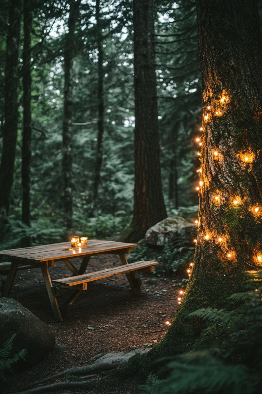 Woodland camping space. Cedar table with twinkle lights down nearby spruce.
