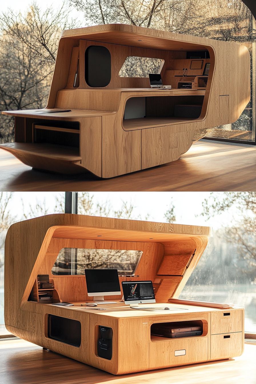 Mobile living space. Modular furniture set with sunset deck, convertable workstation.