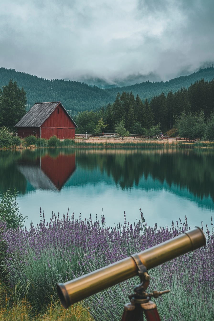 Alpine campsite. Vintage telescope aimed at shimmering red barn on still, lavender-tinged lake.