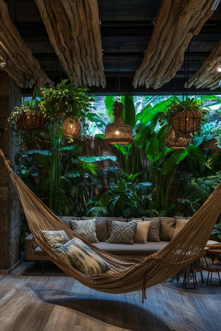 Community living space. Cozy hammock lounge with jungle plants décor.