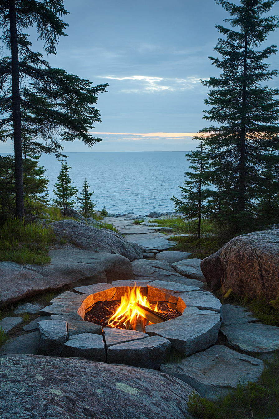 Nordic coast space. Shield-shaped fire pit, frost-touched boulders, cerulean inlet view.