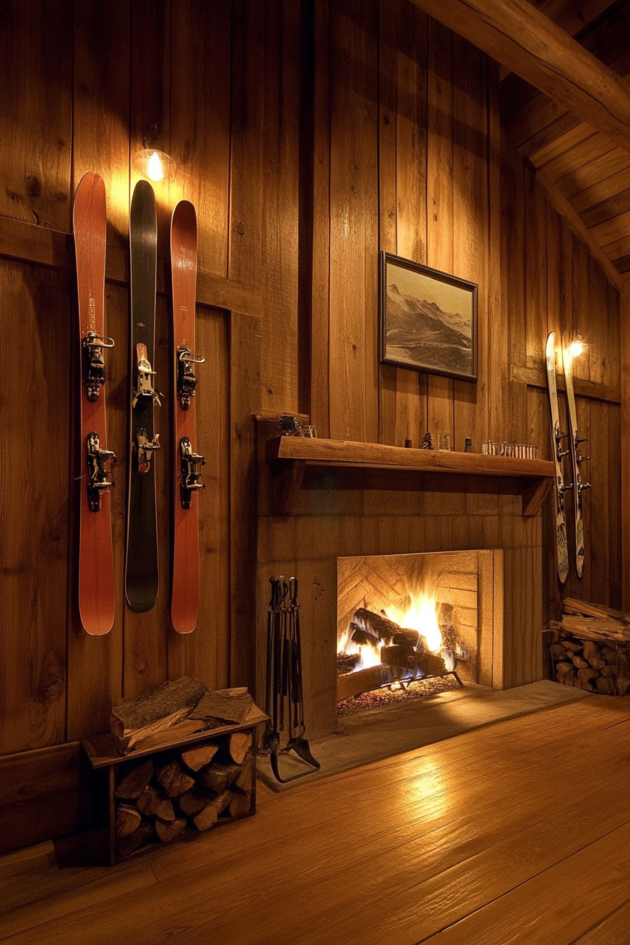 Alpine lodge space. Wooden walls, mounted vintage skis, lit fireplace.