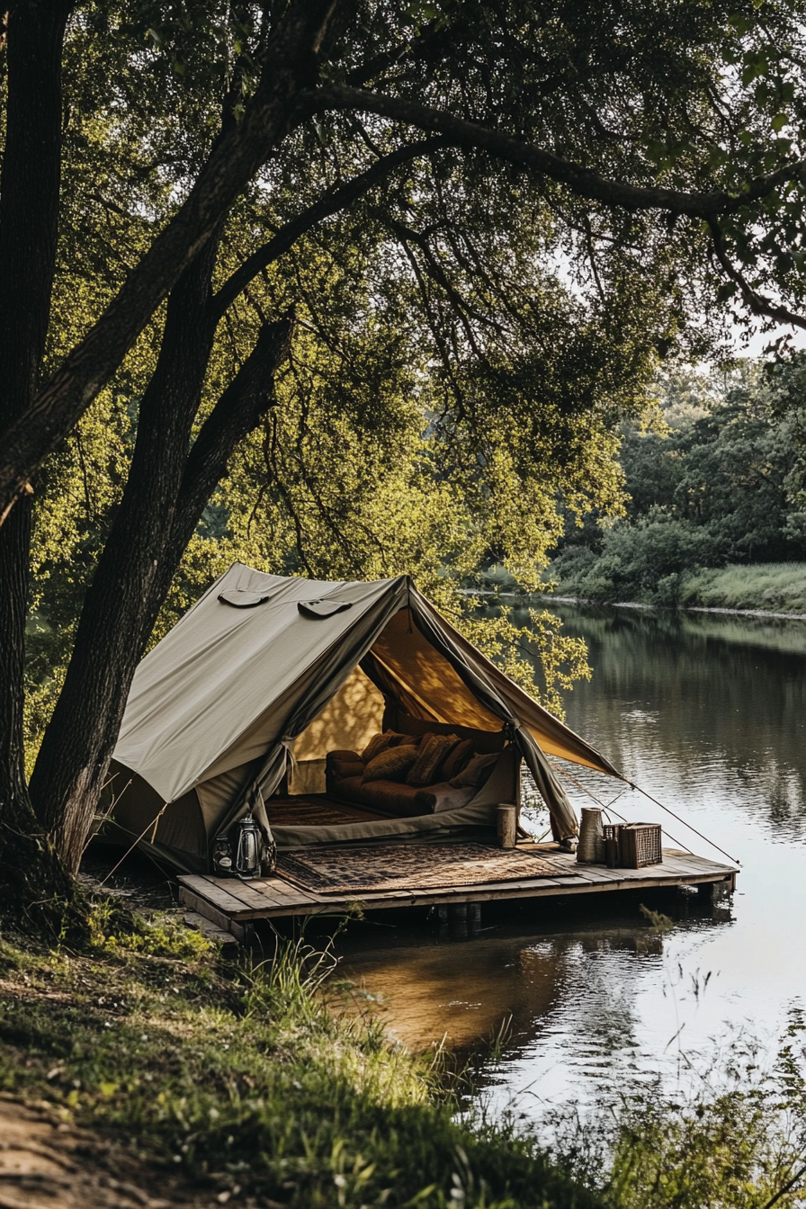 Space with water-view tent platform. Canvas tent overlooking a tranquil river.
