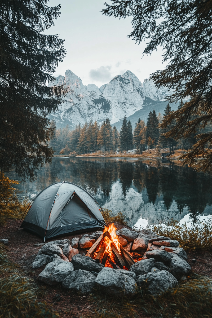 Alpine Lake Campsite. Cozy tent next to a stone-ringed fire pit with lake reflections.