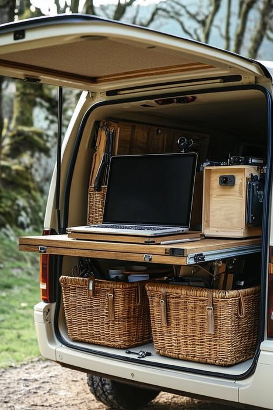 Mobile space. Taupe campervan with retractable desktop for editing and strapped baskets for gear storage.