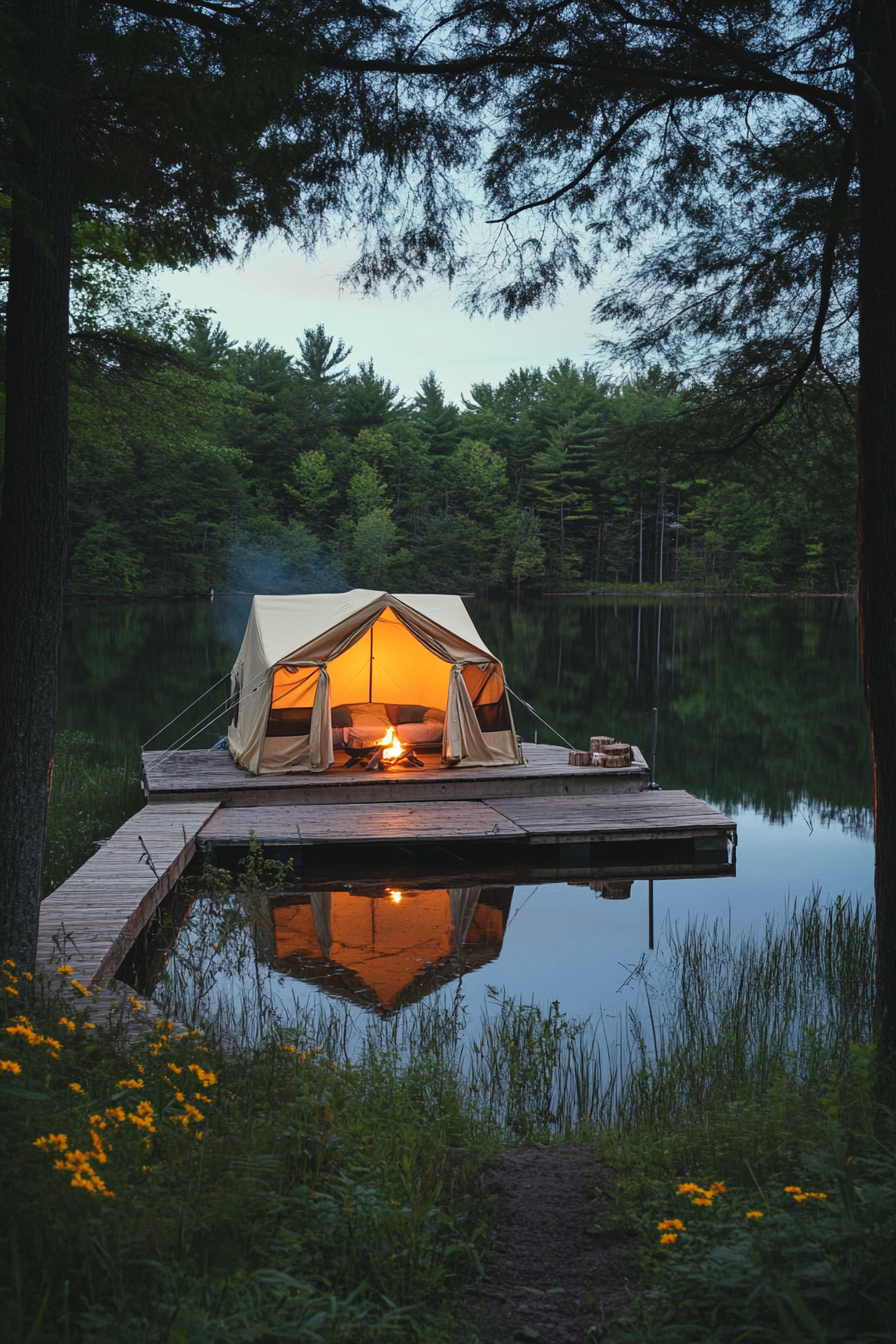 Tent site. Private dock with canoe, sunset fire pit, and surrounding water view.