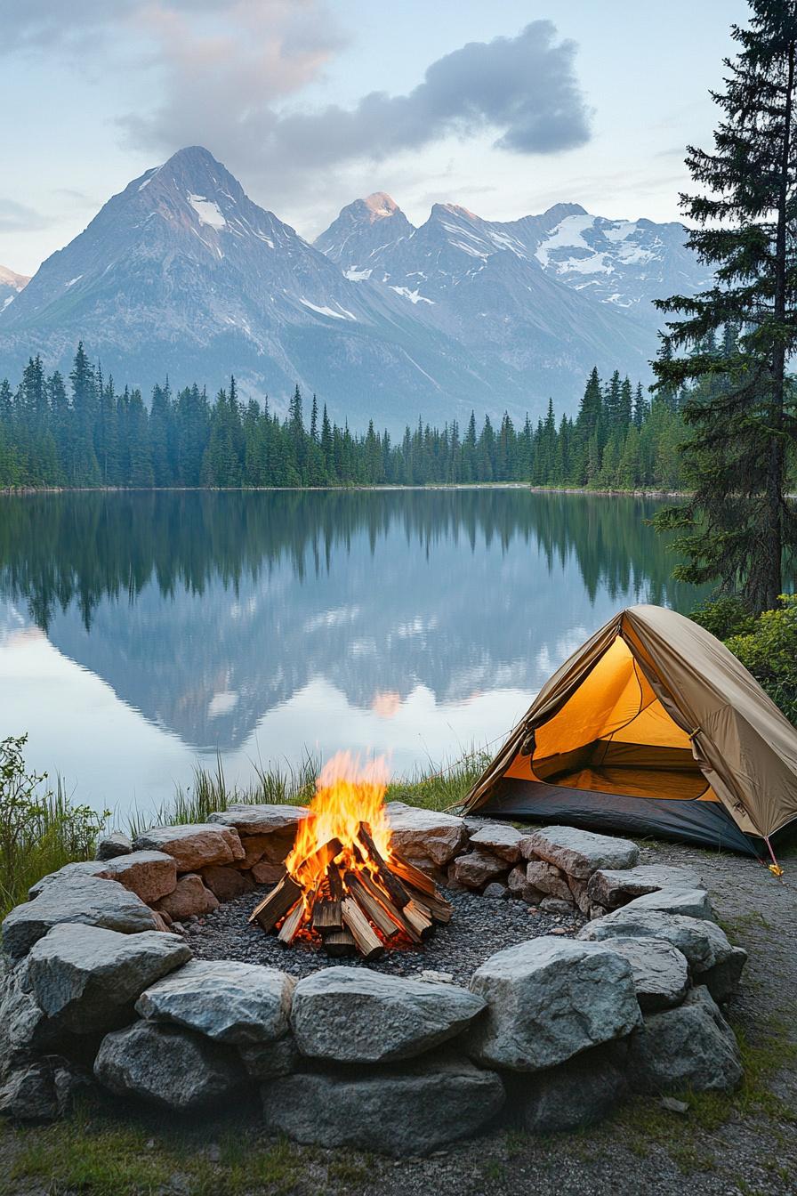 Alpine Lake Campsite. Tent beside stone fire pit with distant mountain reflections.