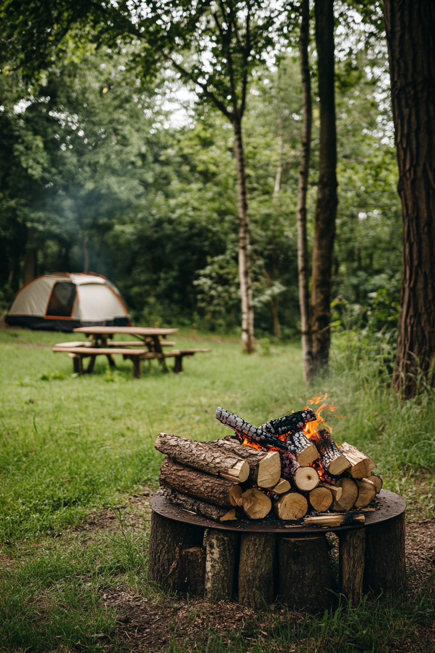 Woodland camping space. Fire pit with stack of logs ready for a fire.