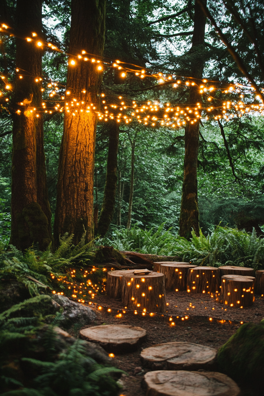 Woodland camping space. Fairy-light canopy over a moss-filled log seating and mixed fern garden.