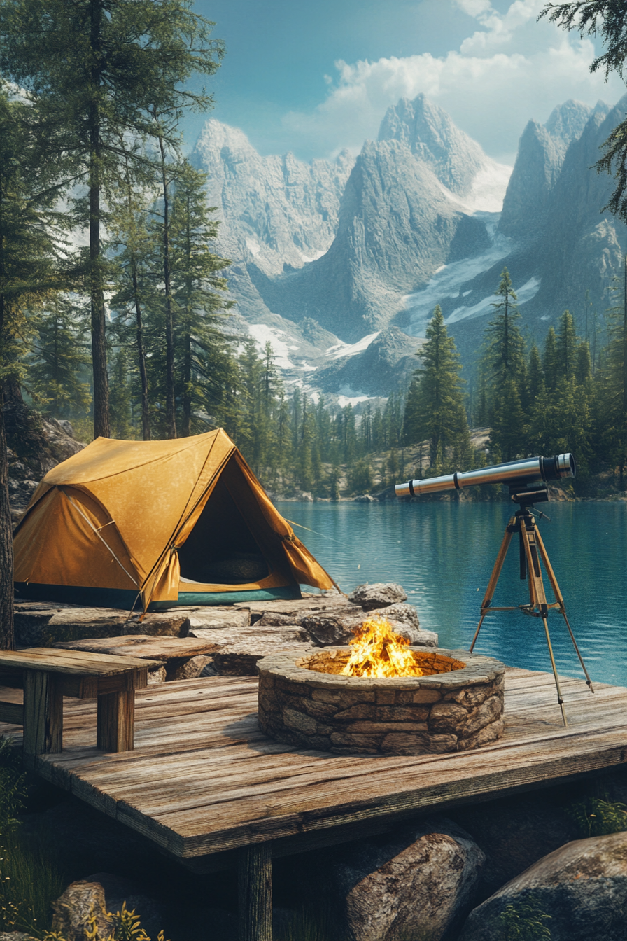 Alpine Lake Campsite. Stone fire pit by tent with telescope on wooden platform.