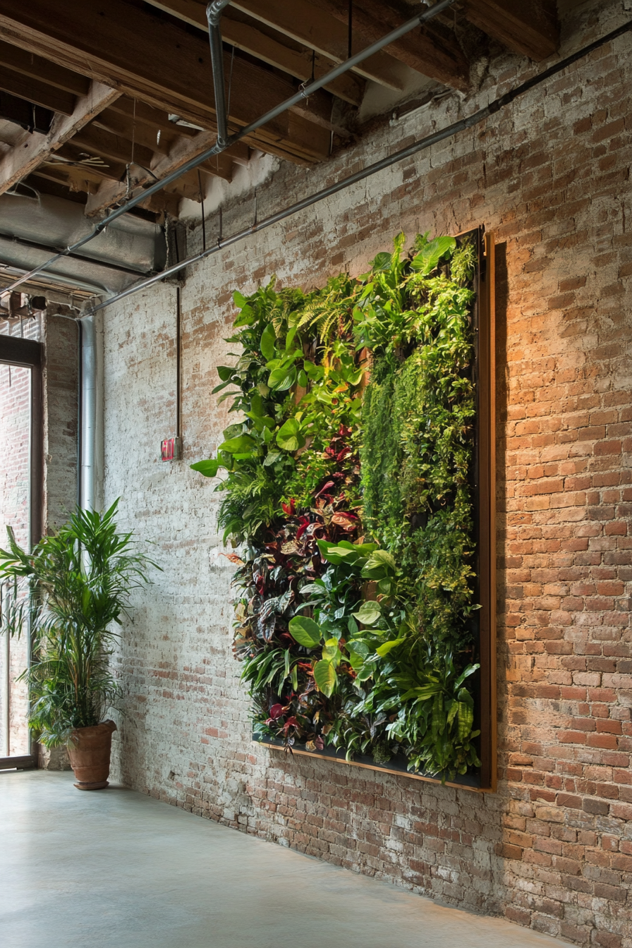 Sustainable living space. Vertical garden on rustic brick wall.