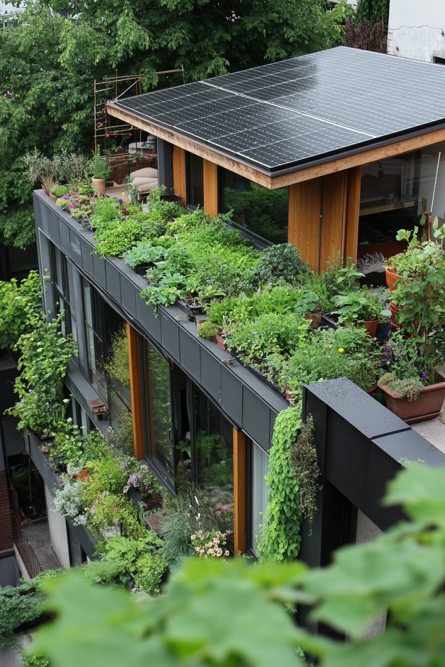 Sustainable living space. Rooftop garden bounded by solar panels.