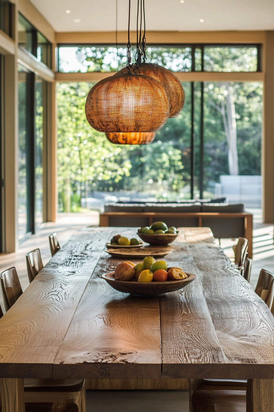 Sustainable living space. Recycled-wood dining table under solar-powered pendant lights.