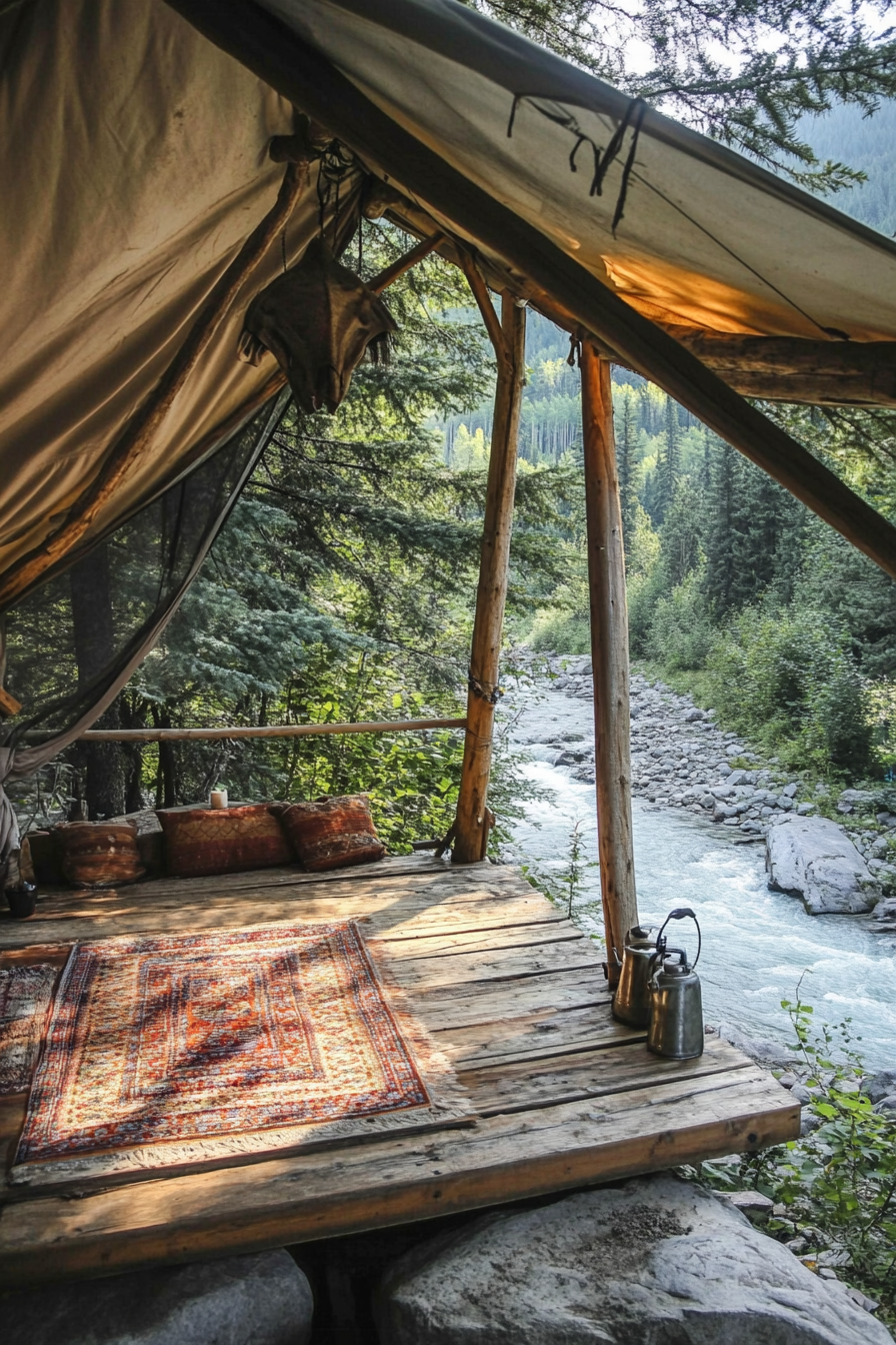 Riverside space. Wooden tent platform overlooking rushing blue river.