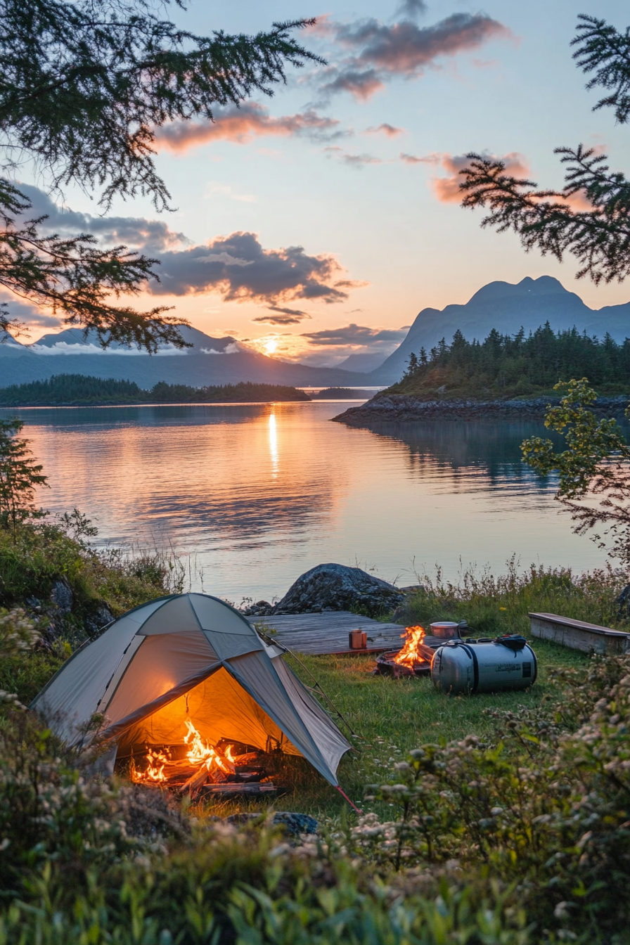 Tent site. Sea facing, personal dock, sundown fire setting.