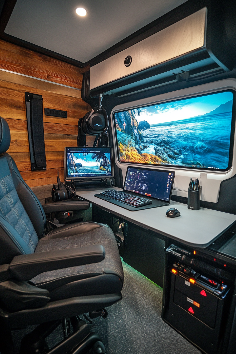 Van setup. desk-facing ocean view window, corrosion-resistant electronics compartment, twilight-themed screensaver.