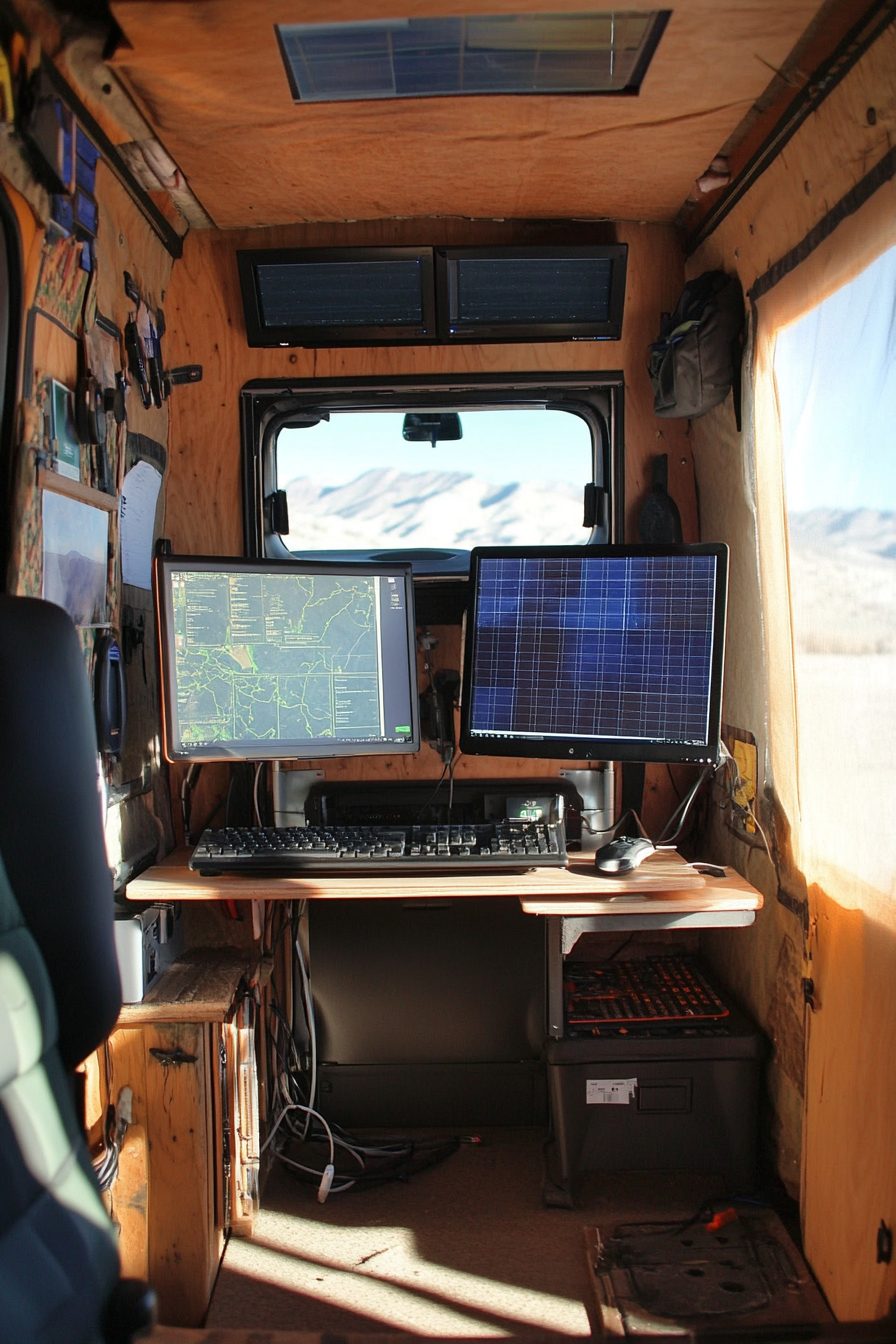 Mobile office. Four-wheel drive van, two monitors, solar panels, window-view peak.
