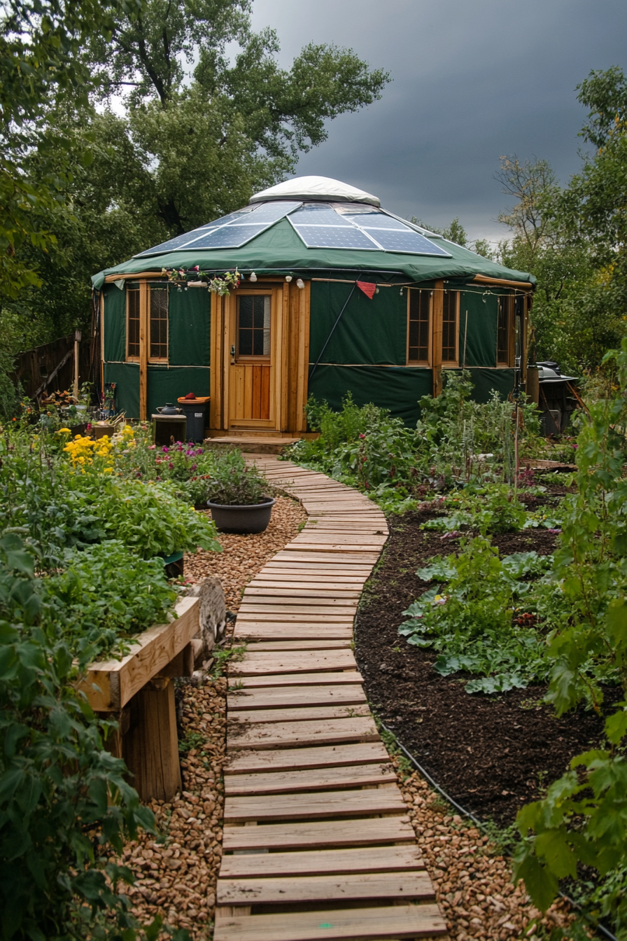 Sustainable Living Space. Solar-powered yurt with rooftop garden and accompanying compost pile.