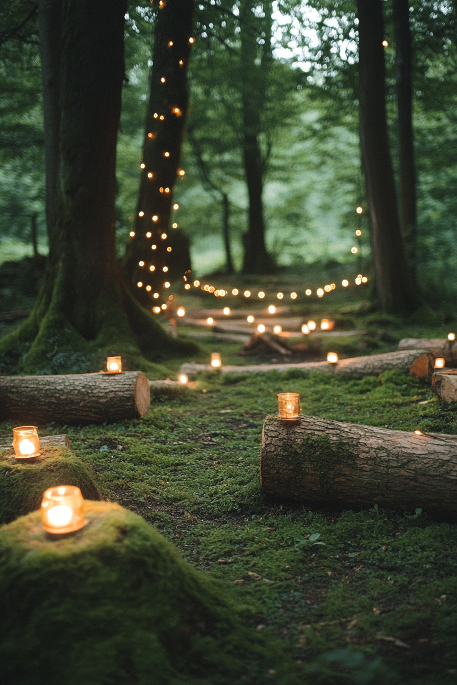 Woodland camping space. Mossy logs arranged in circle under a fairy-light canopy.